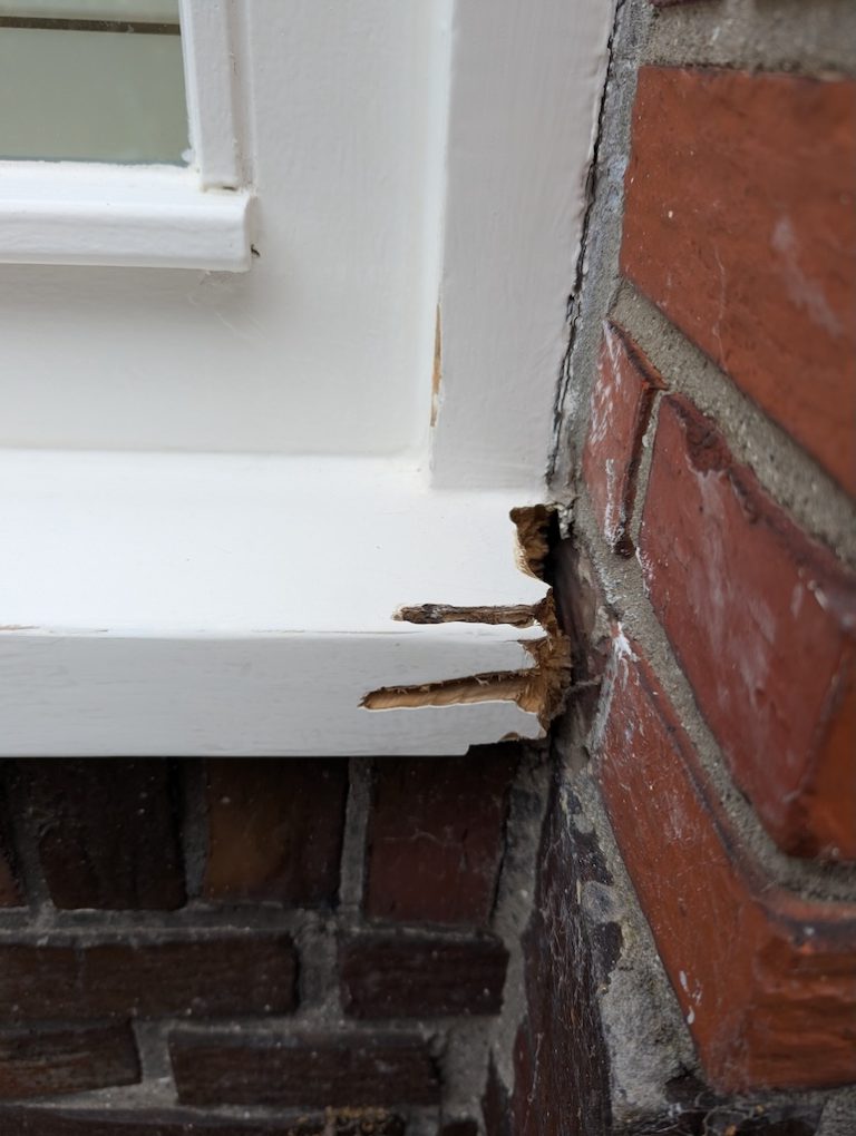 Detail van aangetast hout in een kozijnhoek voor reparatie